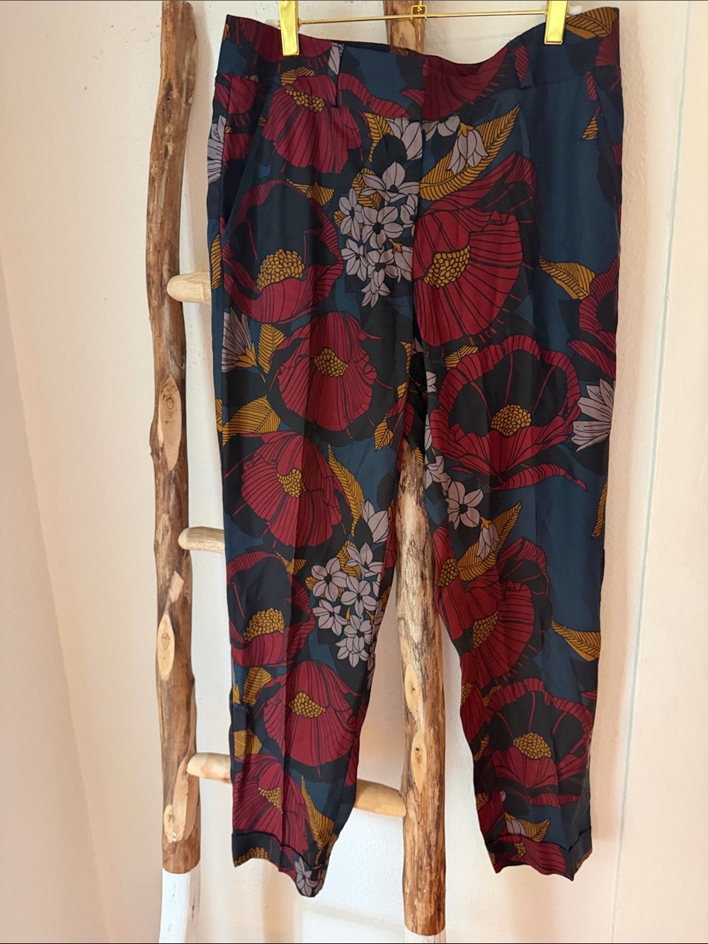 LOFT Lightweight Fall Floral Cuffed Ankle Pants in Navy Burgundy and Mustard 6